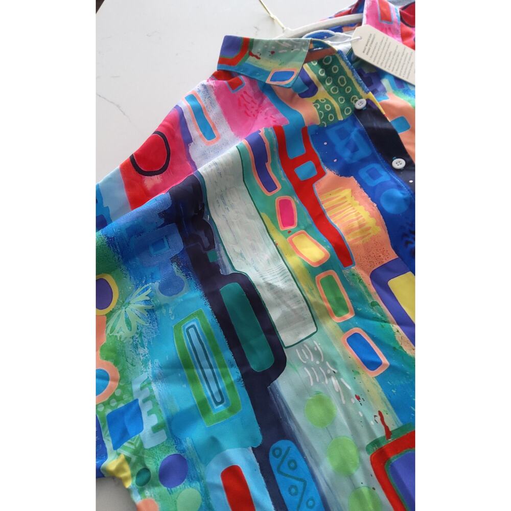 NWT Geometric Dopamine Art to wear blouse size XL Womans ruched sleeve button up - Picture 5 of 6